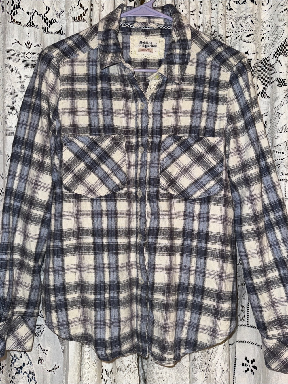 HOLDING HORSES Blue, White and Gray Plaid Button-Up Shirt